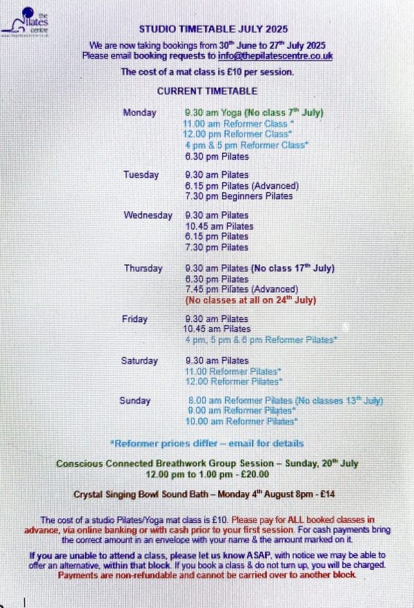 TIMETABLE FOR JULY - BOOKING NOW